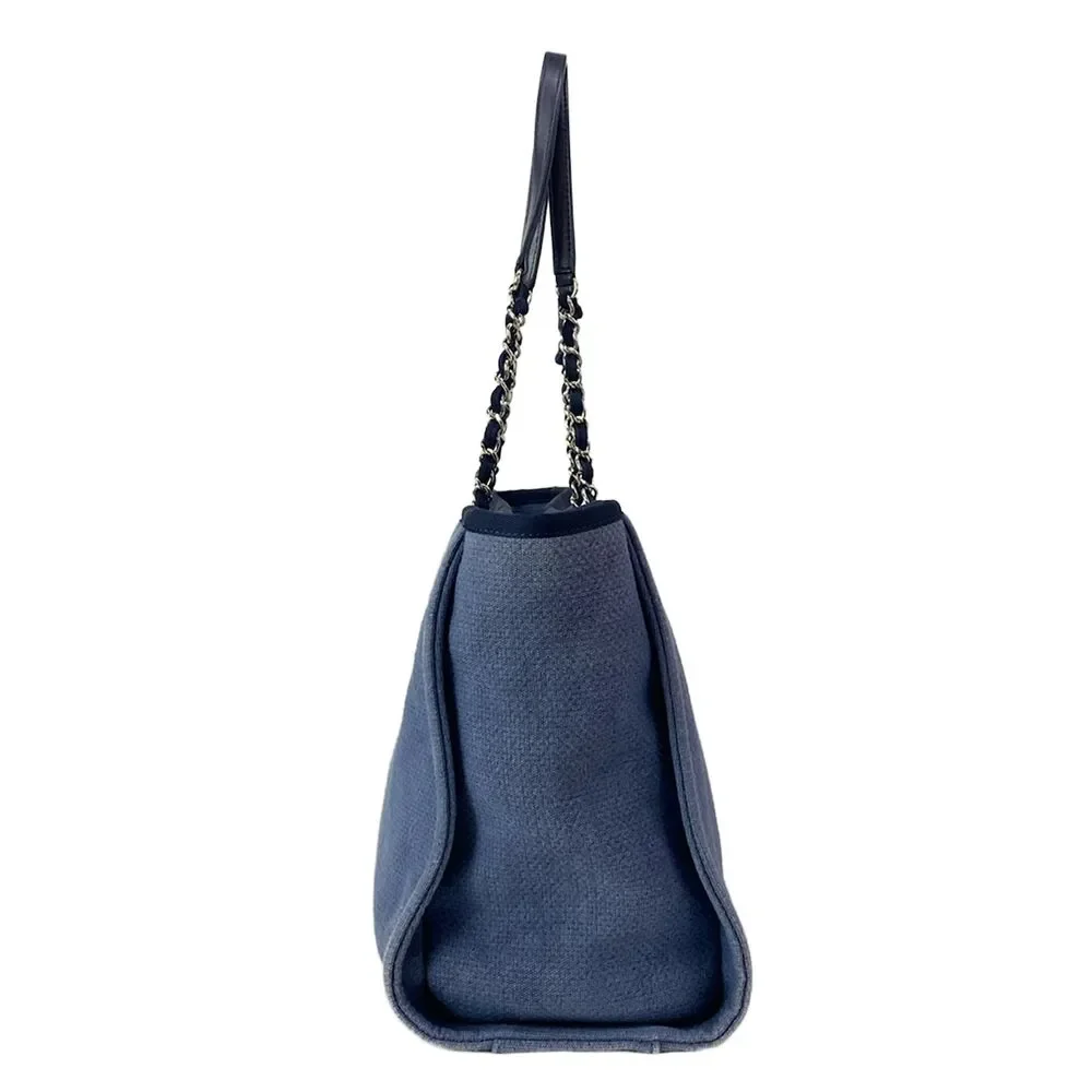 Chanel Deauville Line MM Tote Bag A67001 Blue Dark Navy Canvas Leather
